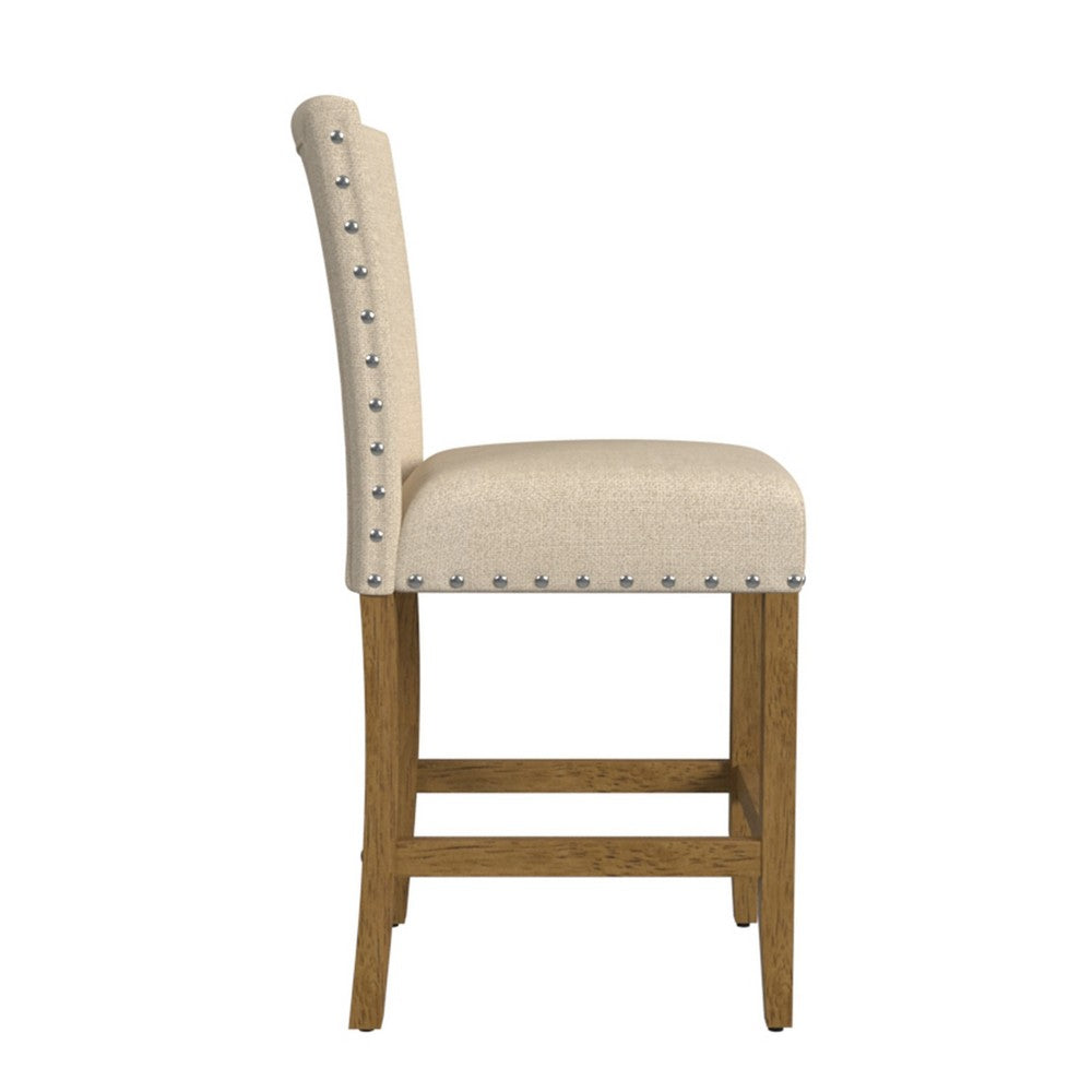 Benjara Siem Counter Stool Chair, Brown Beige Polyester Seat, Nailhead Trim