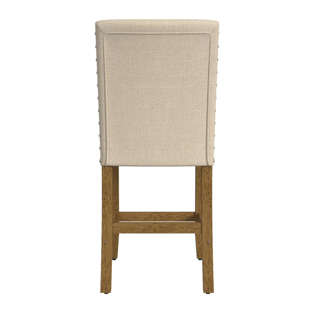 Benjara Siem Counter Stool Chair, Brown Beige Polyester Seat, Nailhead Trim