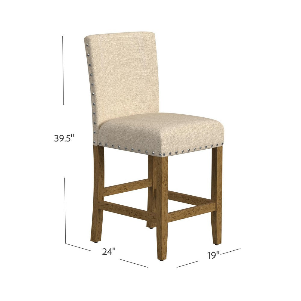 Benjara Siem Counter Stool Chair, Brown Beige Polyester Seat, Nailhead Trim