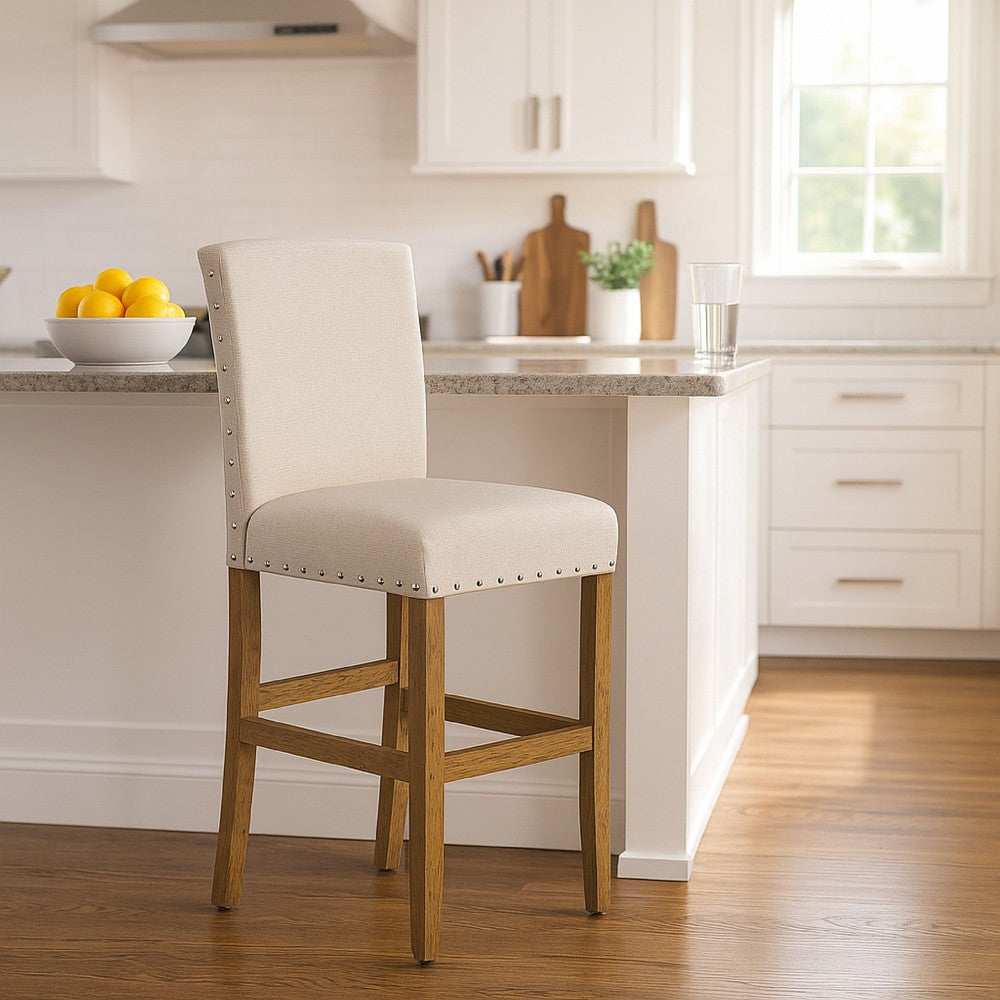 Benjara Siem Counter Stool Chair, Brown Beige Polyester Seat, Nailhead Trim