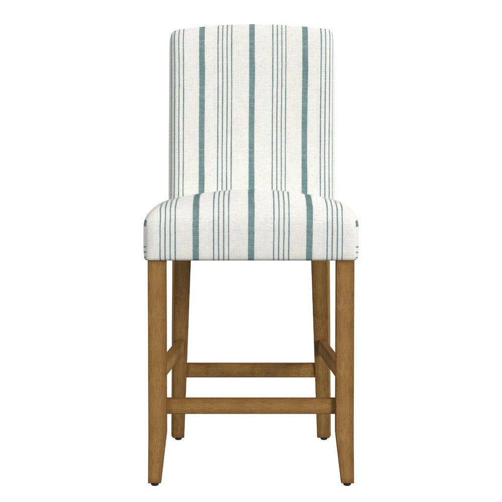 Benjara Pior Counter Stool Chair, Blue And White Stripe, Brown Wood Legs
