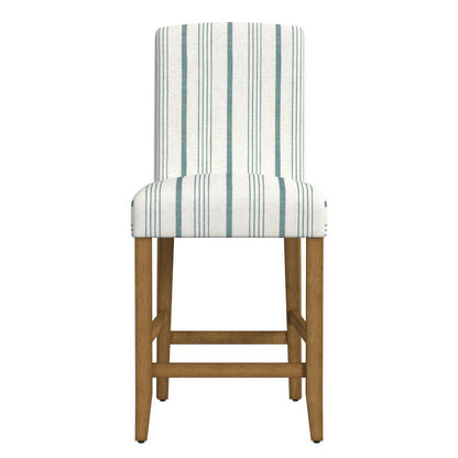 Benjara Pior Counter Stool Chair, Blue And White Stripe, Brown Wood Legs