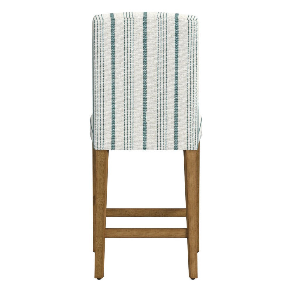 Benjara Pior Counter Stool Chair, Blue And White Stripe, Brown Wood Legs