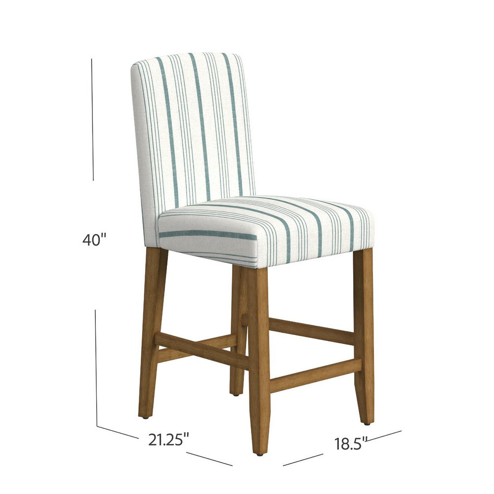Benjara Pior Counter Stool Chair, Blue And White Stripe, Brown Wood Legs