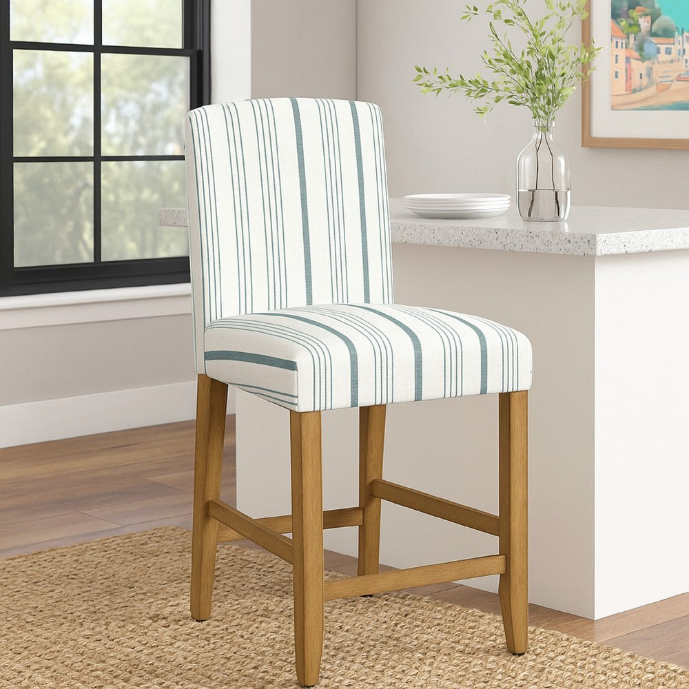 Benjara Pior Counter Stool Chair, Blue And White Stripe, Brown Wood Legs
