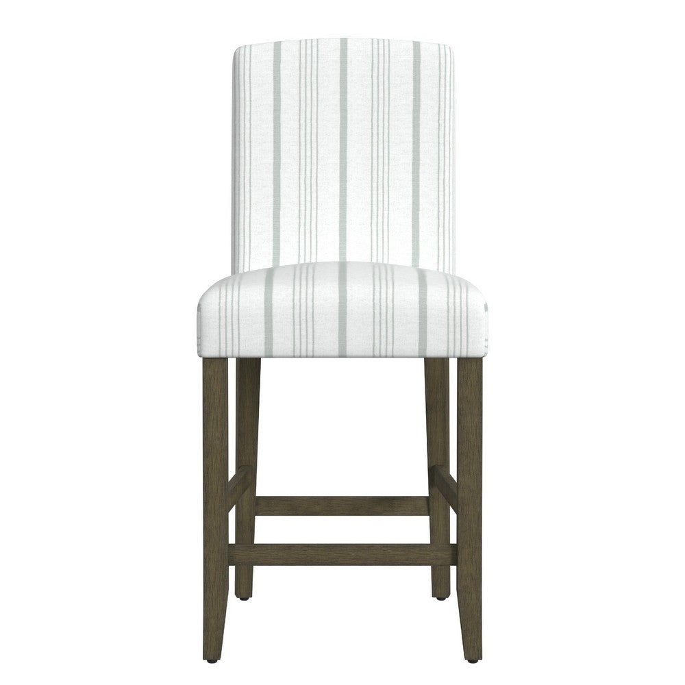 Benjara Pior Counter Stool Chair, Dove Gray And White Stripe, Brown Wood Legs