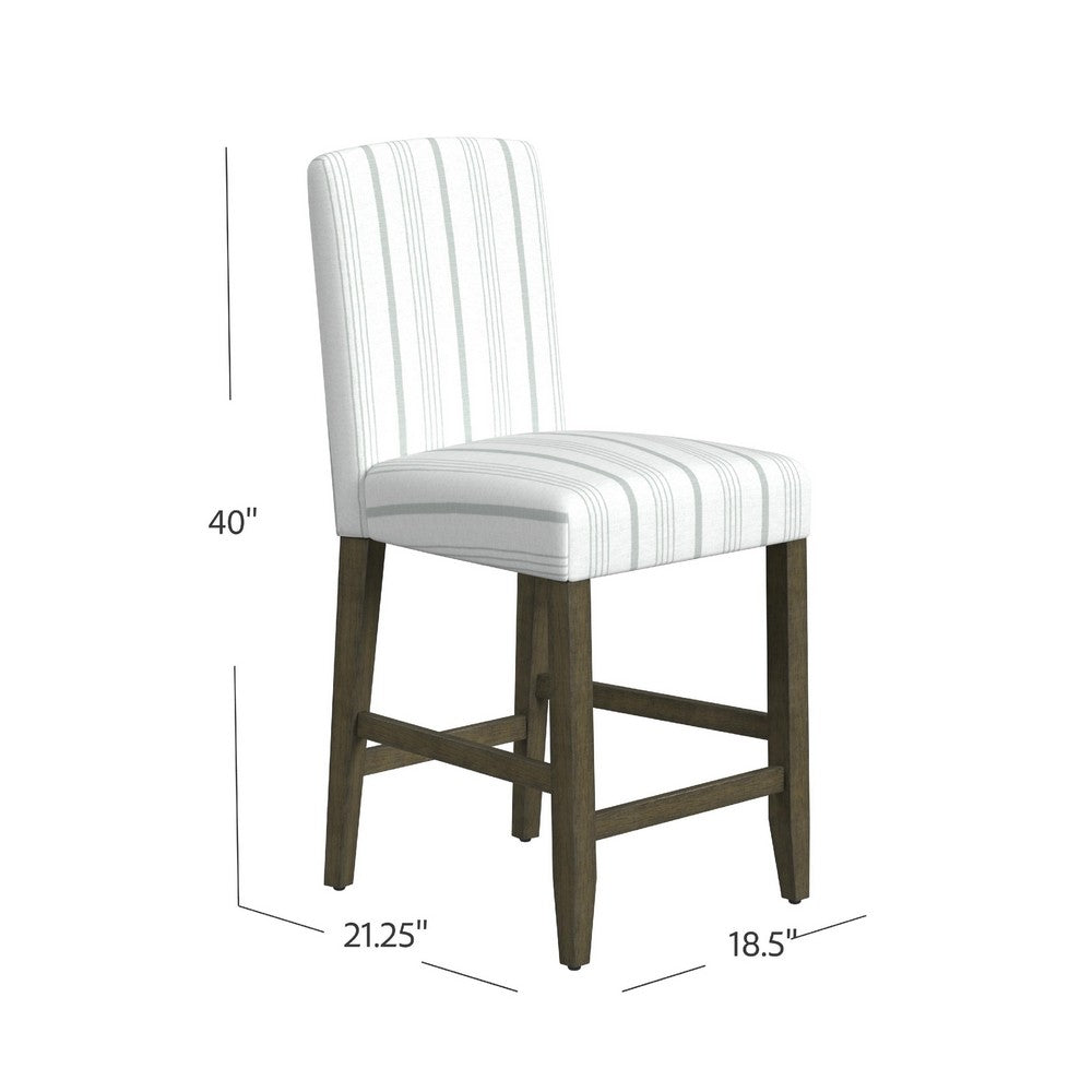 Benjara Pior Counter Stool Chair, Dove Gray And White Stripe, Brown Wood Legs