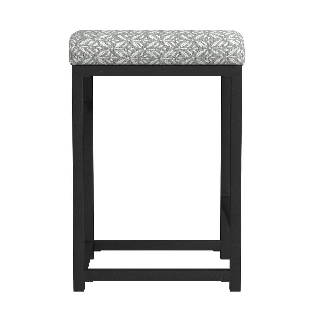 Benjara Toko Backless Counter Stool, Floral Gray Polyester, Black Metal