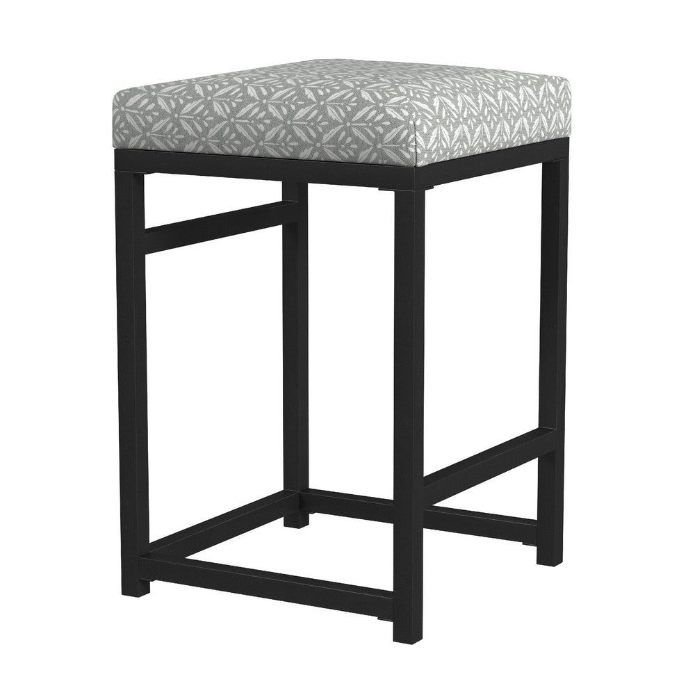 Benjara Toko Backless Counter Stool, Floral Gray Polyester, Black Metal