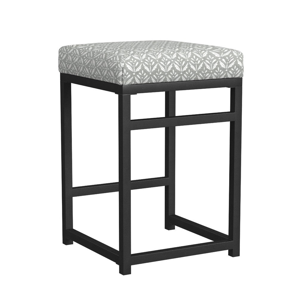 Benjara Toko Backless Counter Stool, Floral Gray Polyester, Black Metal