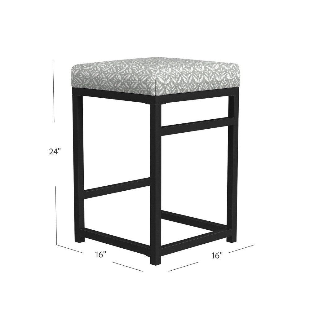 Benjara Toko Backless Counter Stool, Floral Gray Polyester, Black Metal