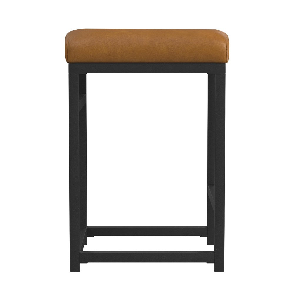Benjara Toko Backless Counter Stool, Brown Faux Leather, Industrial Black