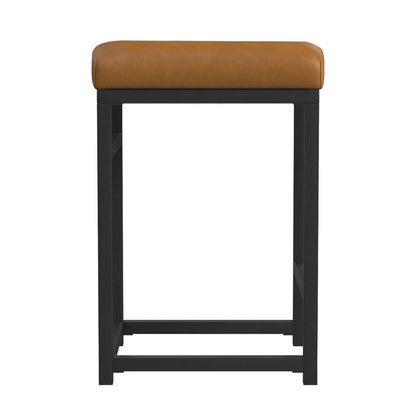 Benjara Toko Backless Counter Stool, Brown Faux Leather, Industrial Black