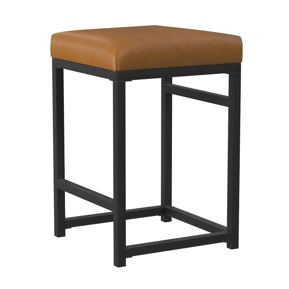 Benjara Toko Backless Counter Stool, Brown Faux Leather, Industrial Black