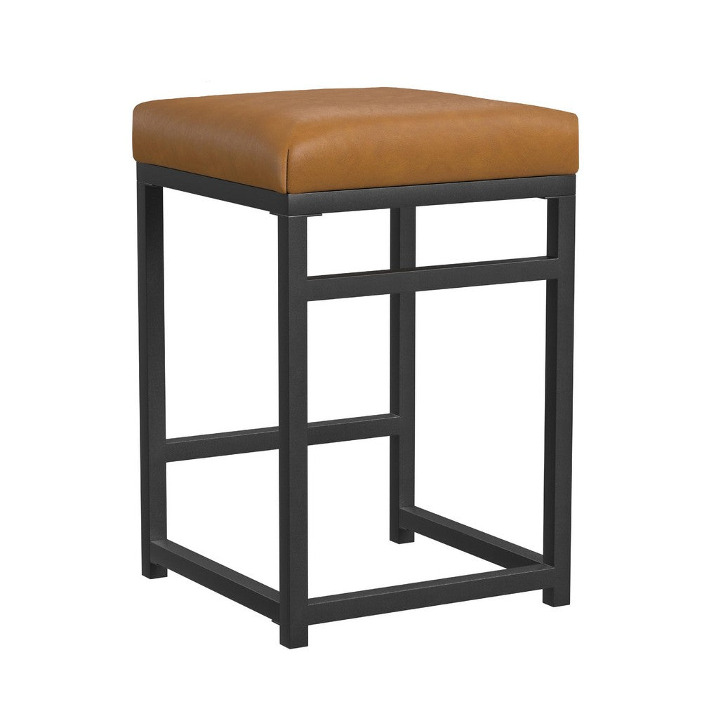 Benjara Toko Backless Counter Stool, Brown Faux Leather, Industrial Black