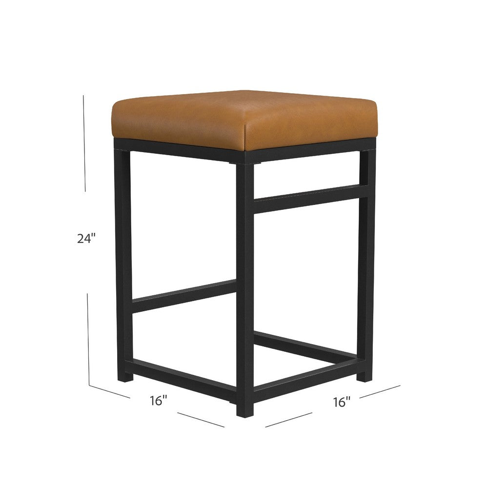 Benjara Toko Backless Counter Stool, Brown Faux Leather, Industrial Black