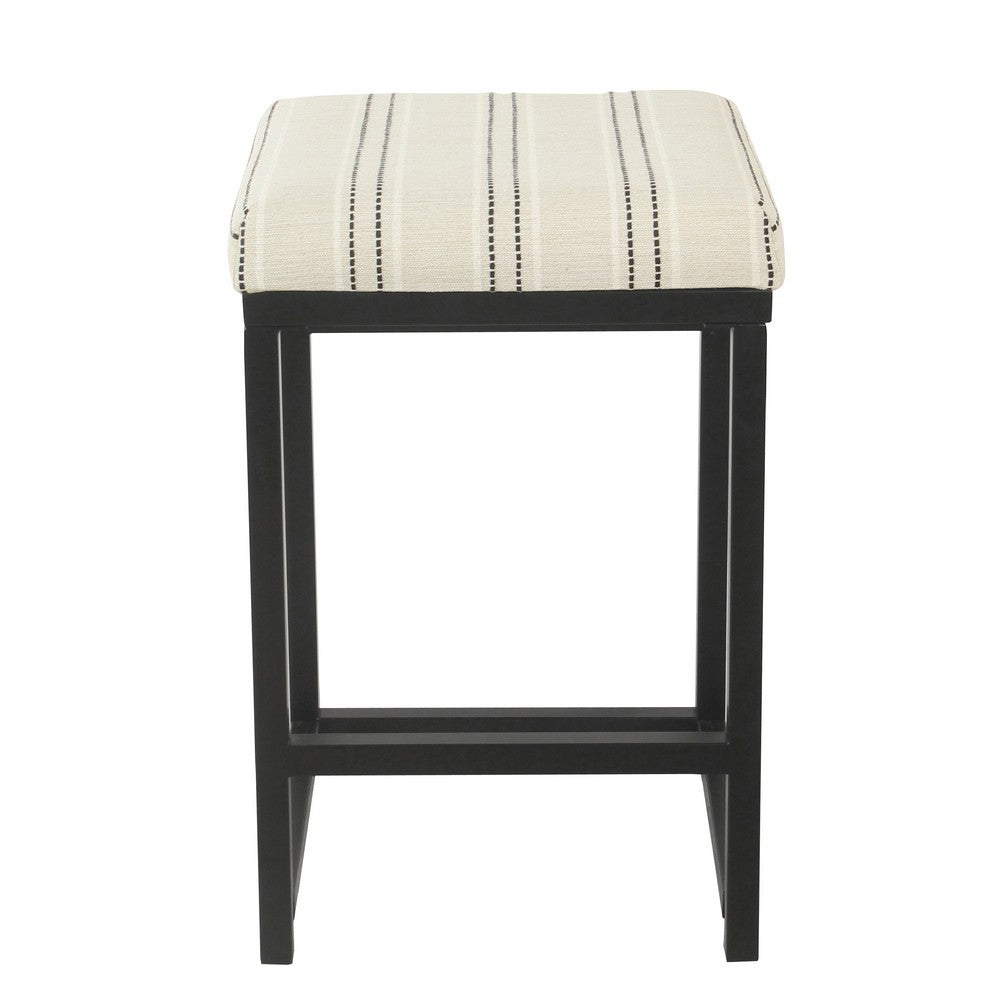 Benjara Toko Backless Counter Stool, White Striped Polyester, Industrial Black
