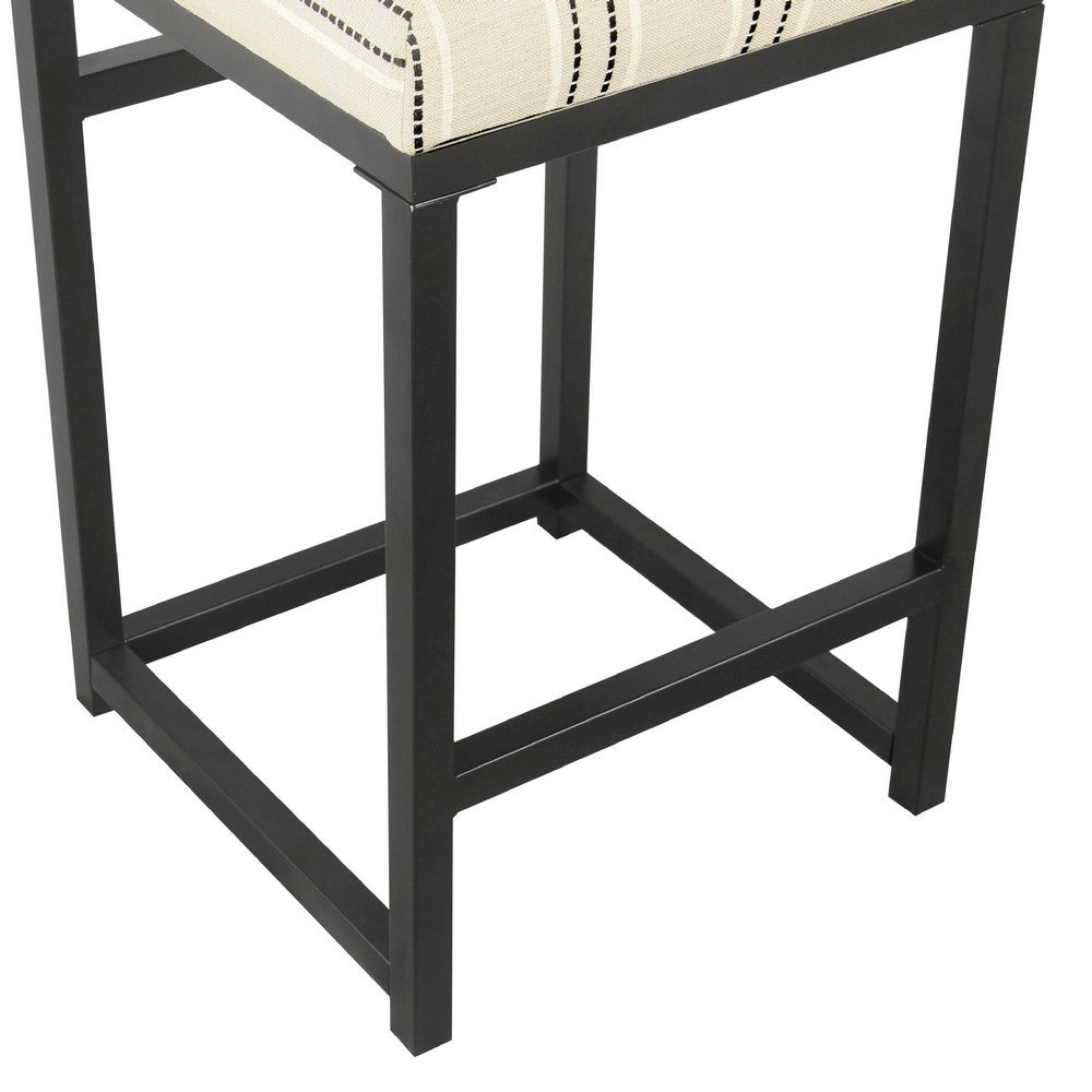 Benjara Toko Backless Counter Stool, White Striped Polyester, Industrial Black