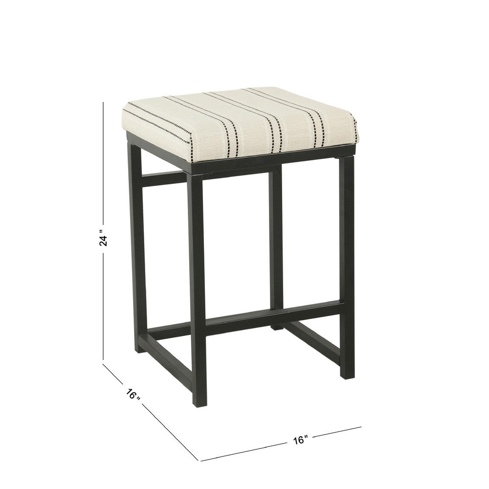 Benjara Toko Backless Counter Stool, White Striped Polyester, Industrial Black