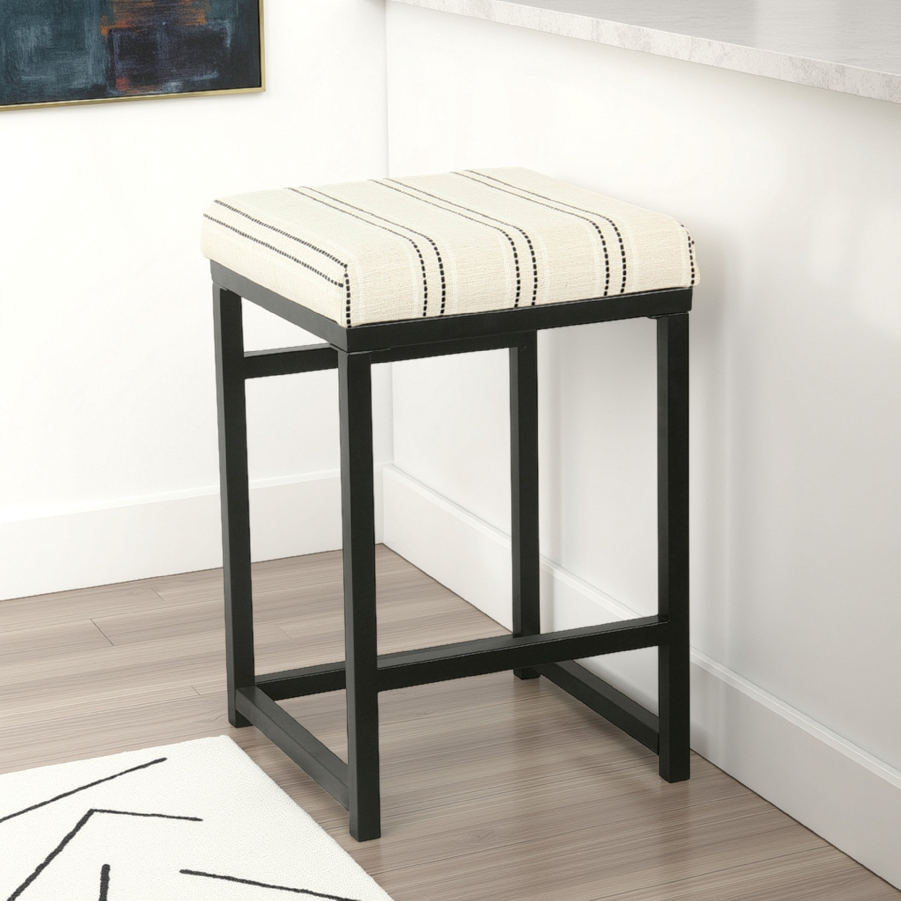 Benjara Toko Backless Counter Stool, White Striped Polyester, Industrial Black