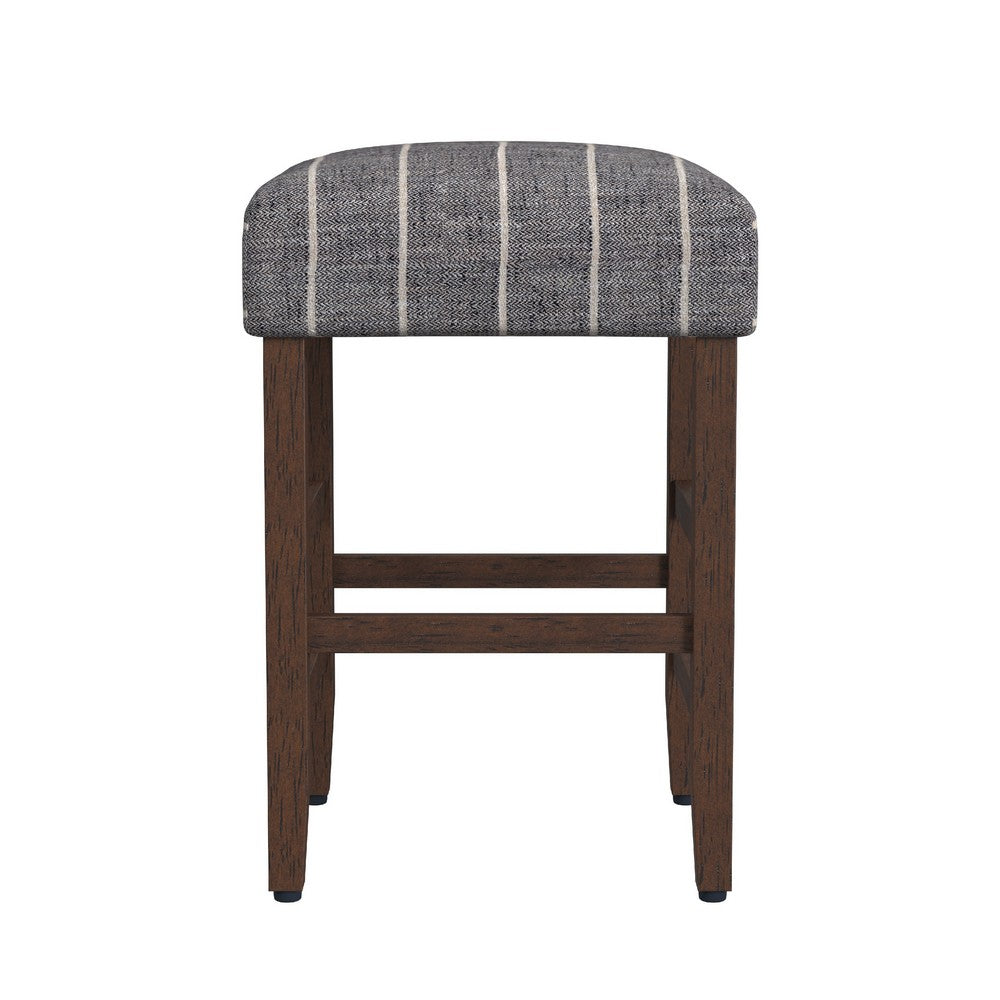 Benjara Mola Backless Counter Height Stool, Navy Blue Striped Polyester, Brown