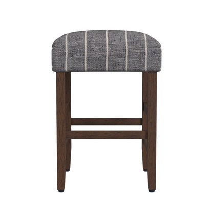 Benjara Mola Backless Counter Height Stool, Navy Blue Striped Polyester, Brown