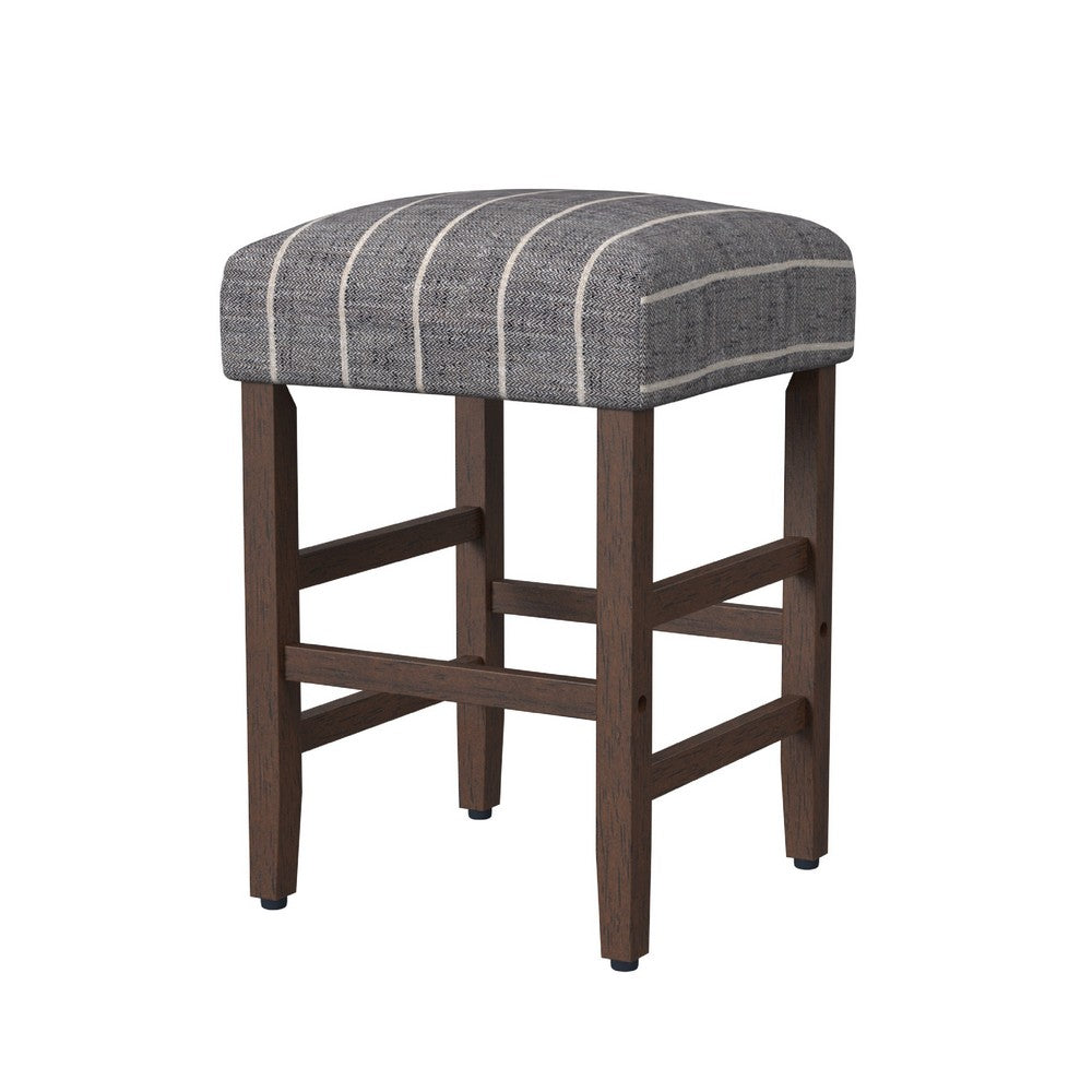 Benjara Mola Backless Counter Height Stool, Navy Blue Striped Polyester, Brown