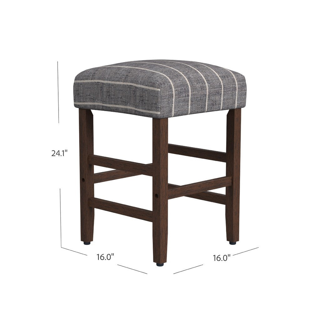 Benjara Mola Backless Counter Height Stool, Navy Blue Striped Polyester, Brown