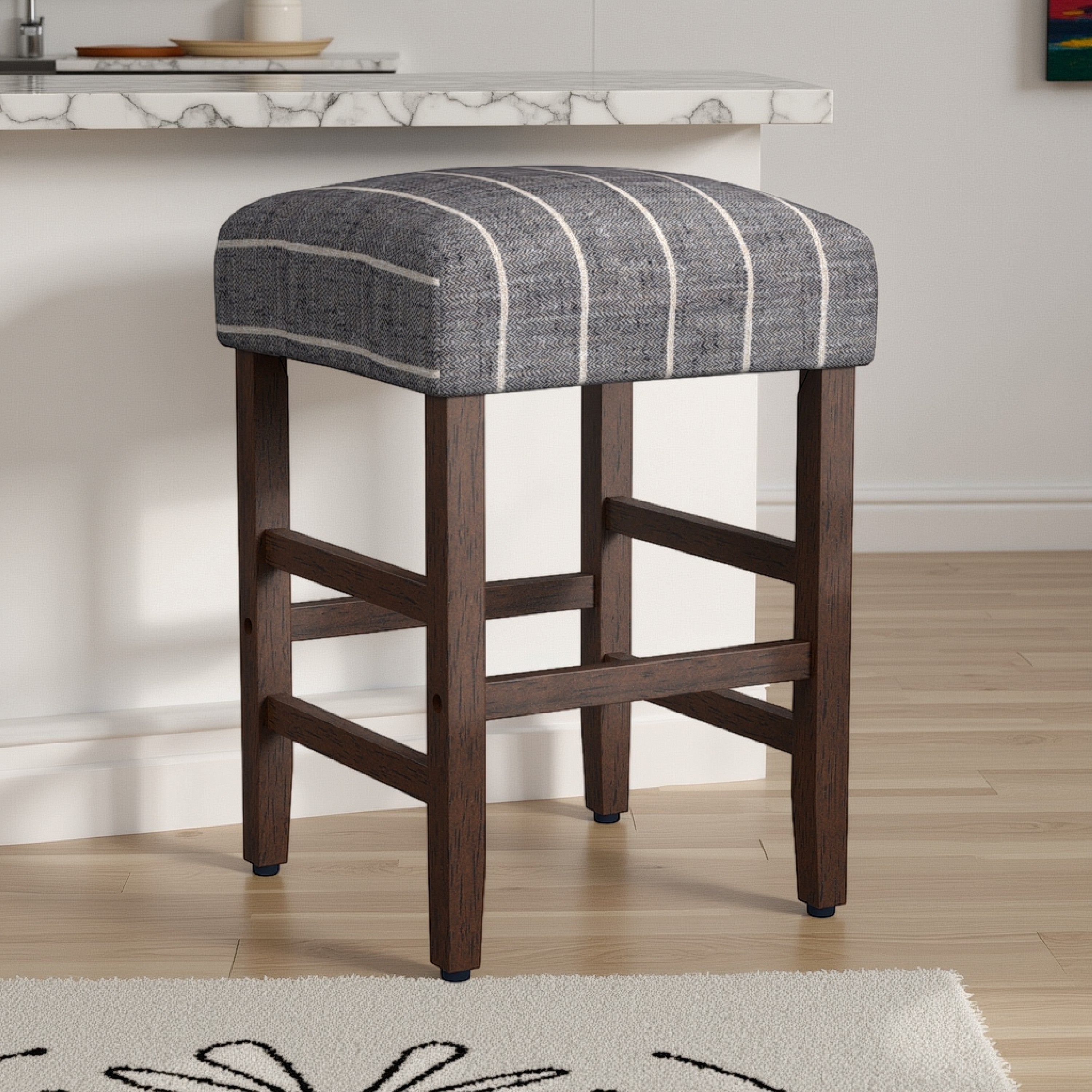 Benjara Mola Backless Counter Height Stool, Navy Blue Striped Polyester, Brown