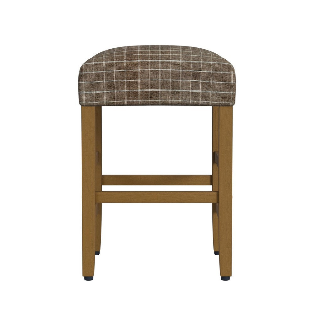 Benjara Mola Backless Counter Height Stool, Window Pane Pattern Seat, Brown