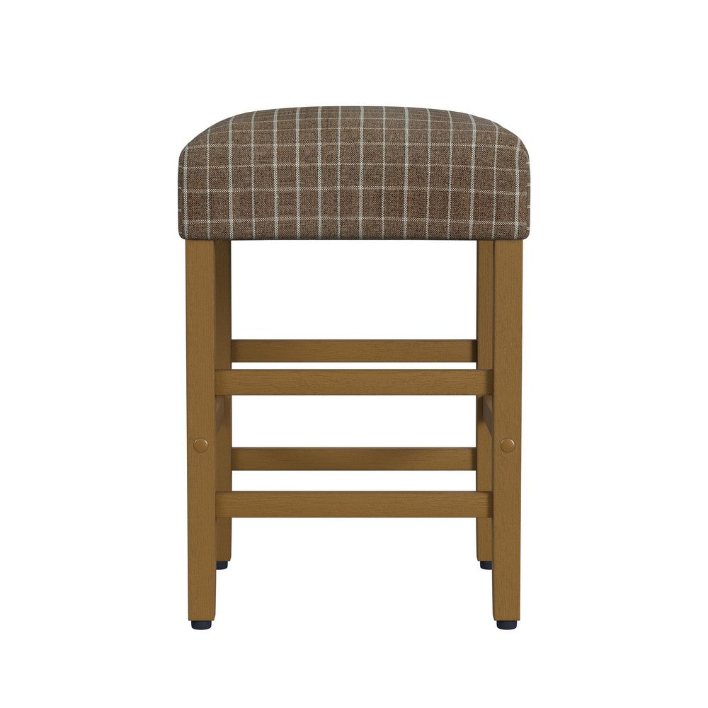 Benjara Mola Backless Counter Height Stool, Window Pane Pattern Seat, Brown