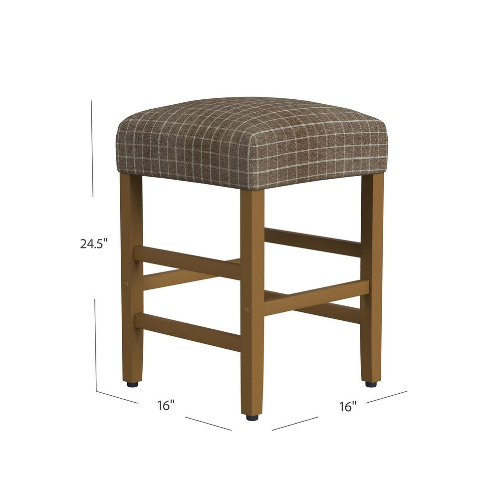 Benjara Mola Backless Counter Height Stool, Window Pane Pattern Seat, Brown