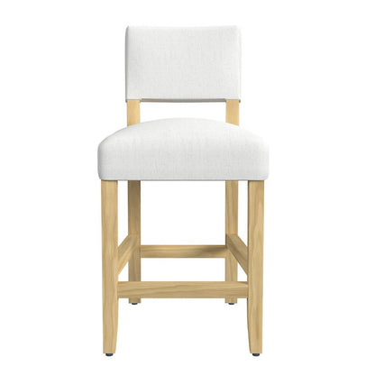 Benjara Bowo Counter Stool Chair, White Fabric Seat, Brown Hardwood Legs