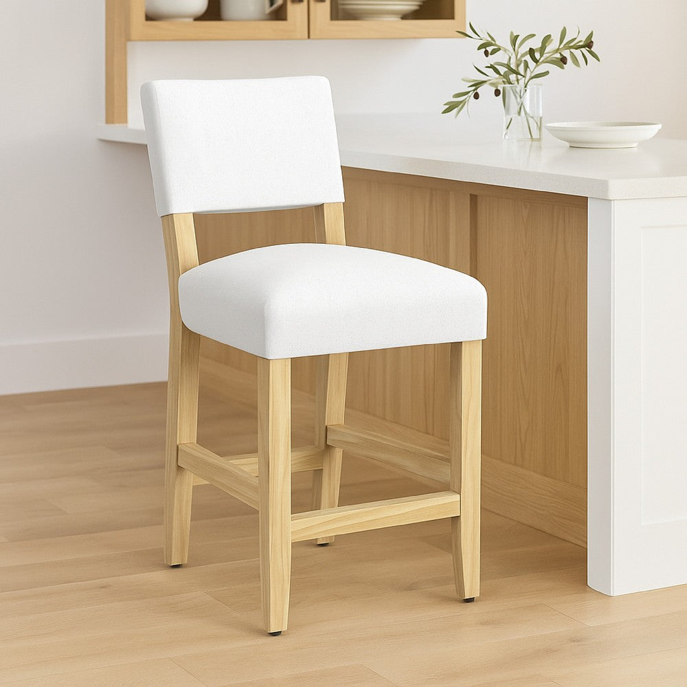 Benjara Bowo Counter Stool Chair, White Fabric Seat, Brown Hardwood Legs
