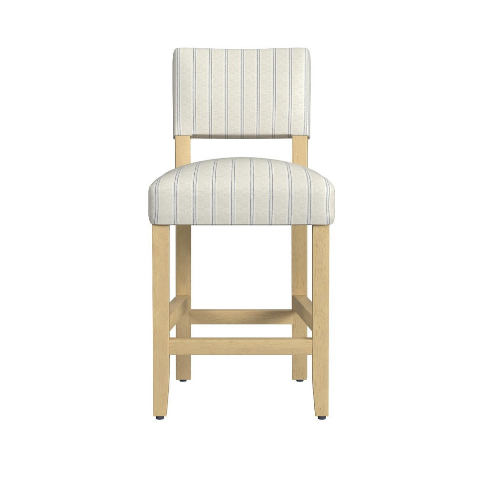 Benjara Bowo Counter Stool Chair, Cream And Blue Stripes, Brown Hardwood Legs