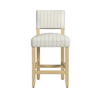 Benjara Bowo Counter Stool Chair, Cream And Blue Stripes, Brown Hardwood Legs