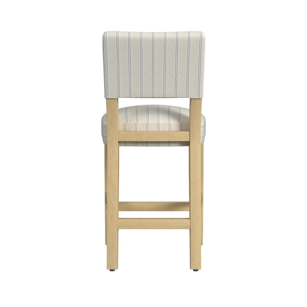 Benjara Bowo Counter Stool Chair, Cream And Blue Stripes, Brown Hardwood Legs