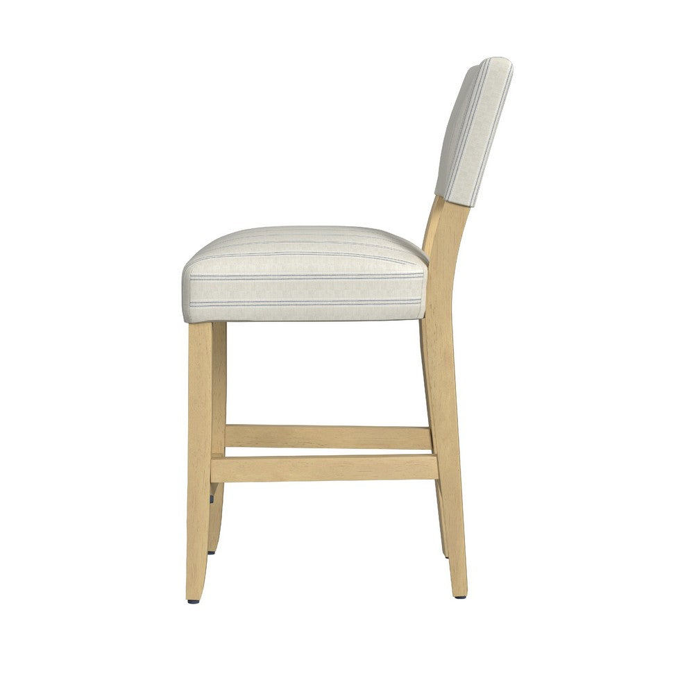 Benjara Bowo Counter Stool Chair, Cream And Blue Stripes, Brown Hardwood Legs