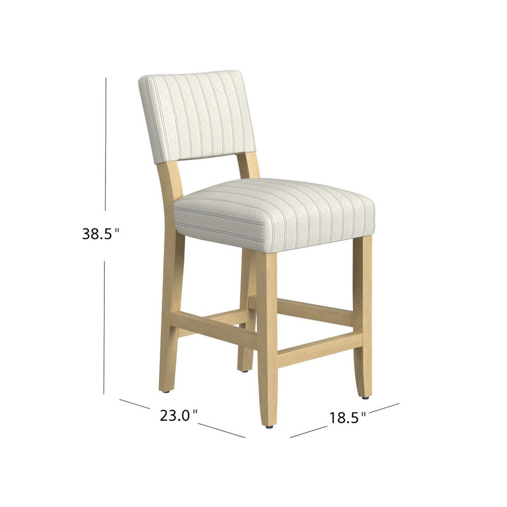 Benjara Bowo Counter Stool Chair, Cream And Blue Stripes, Brown Hardwood Legs