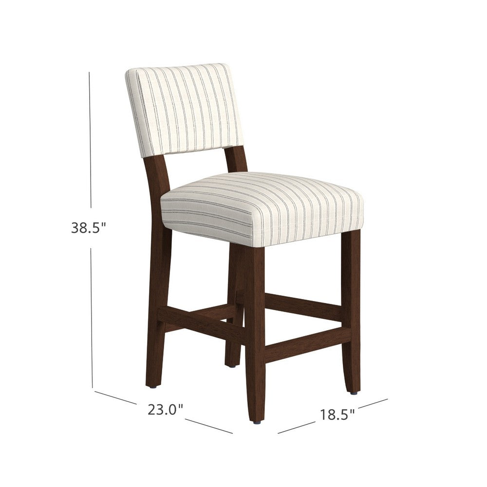 Benjara Bowo Counter Stool Chair, Cream And Black Stripes, Brown Hardwood Legs