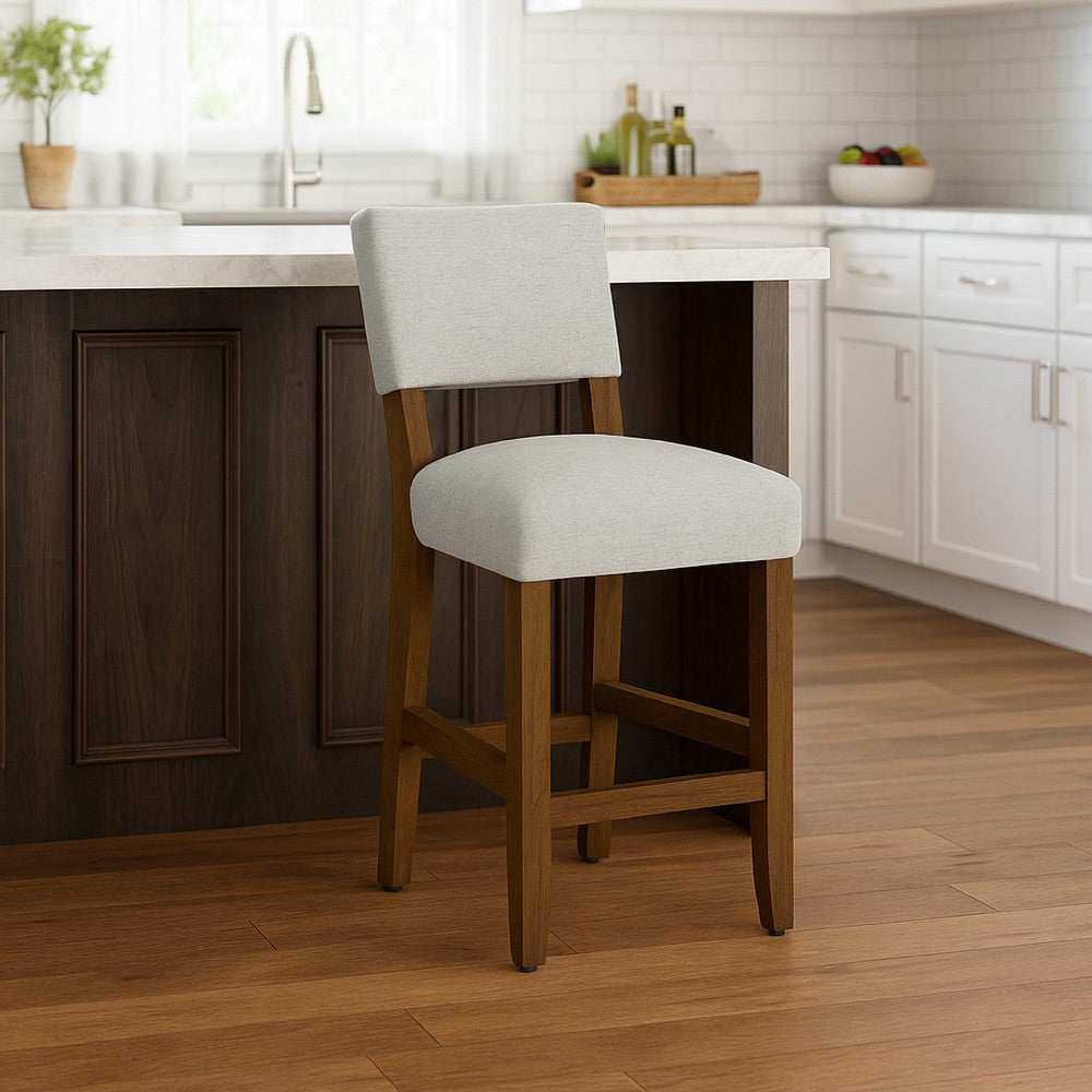 Benjara Bowo Counter Stool Chair, Gray Woven Fabric, Brown Hardwood Legs