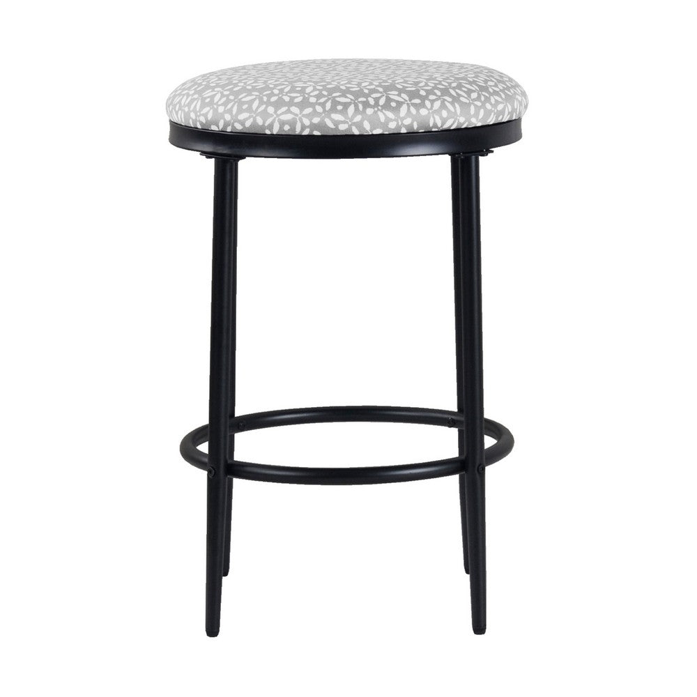 Benjara Nion Backless Counter Stool, Black Metal Legs, Gray Diamond Pattern