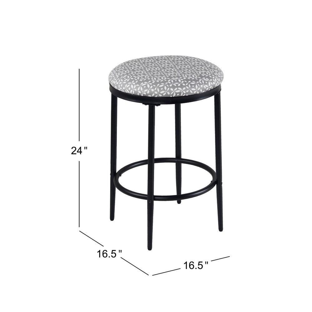 Benjara Nion Backless Counter Stool, Black Metal Legs, Gray Diamond Pattern