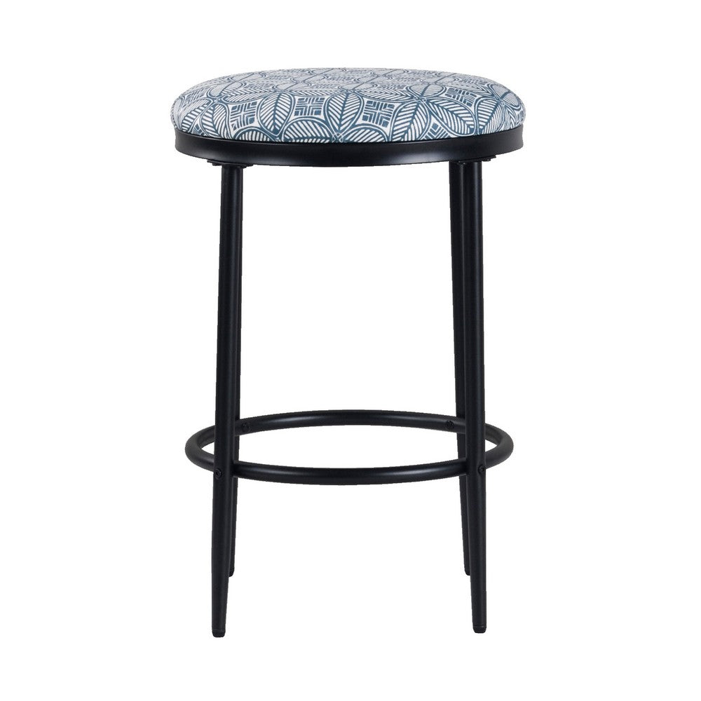 Benjara Nion Backless Counter Height Stool, Black Metal, Blue Medallion Print