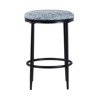 Benjara Nion Backless Counter Height Stool, Black Metal, Blue Medallion Print