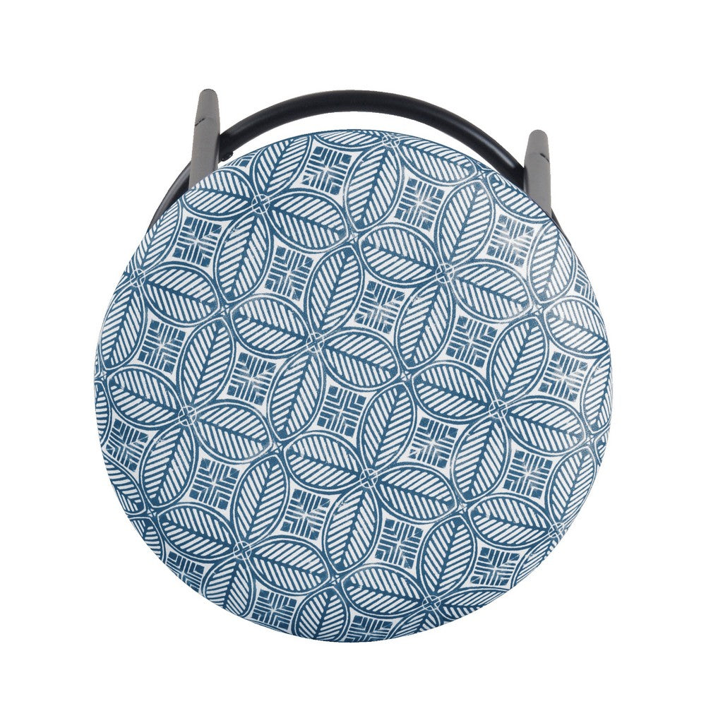 Benjara Nion Backless Counter Height Stool, Black Metal, Blue Medallion Print