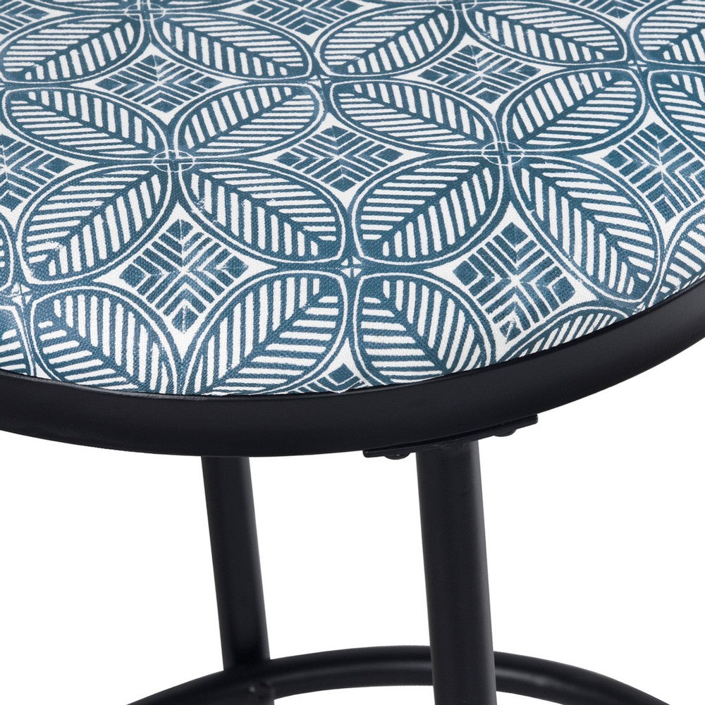 Benjara Nion Backless Counter Height Stool, Black Metal, Blue Medallion Print
