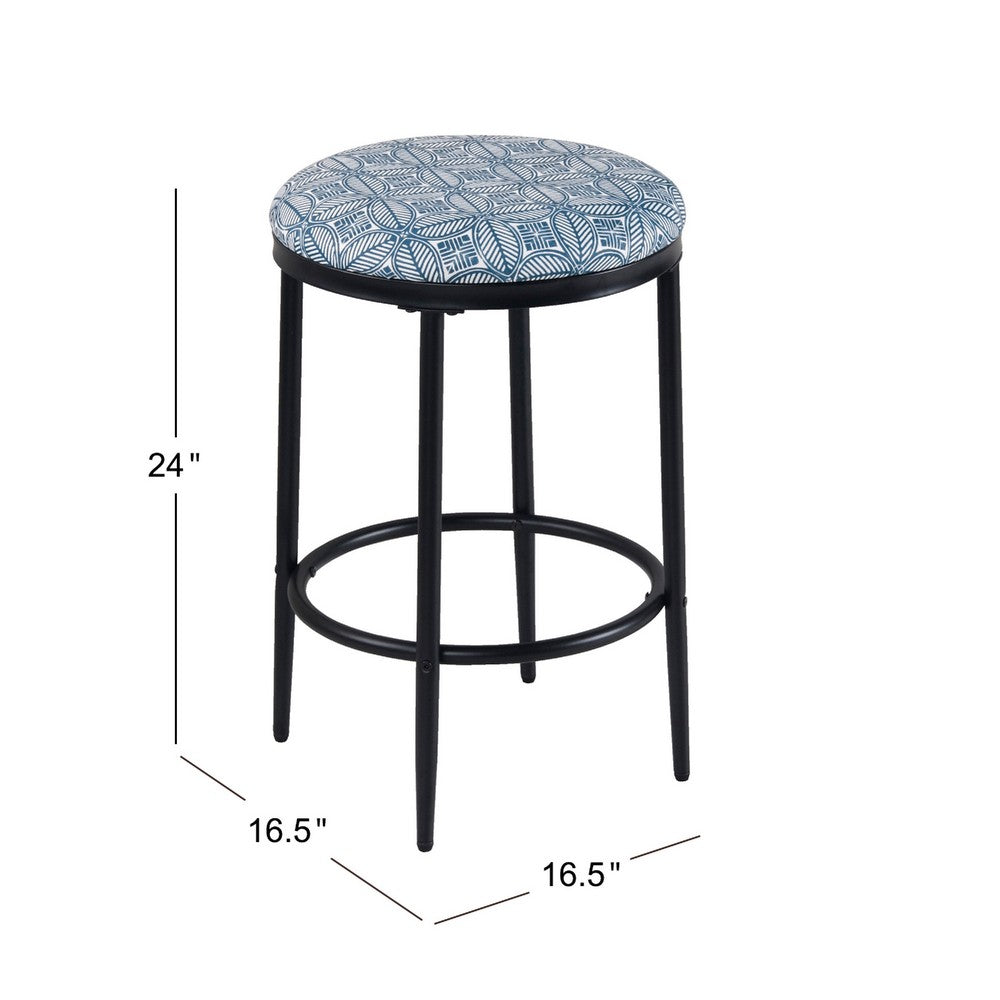 Benjara Nion Backless Counter Height Stool, Black Metal, Blue Medallion Print