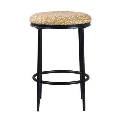 Benjara Nion Backless Counter Height Stool, Black Metal, Yellow Leaf Print