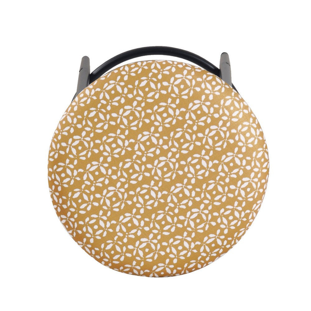 Benjara Nion Backless Counter Height Stool, Black Metal, Yellow Leaf Print